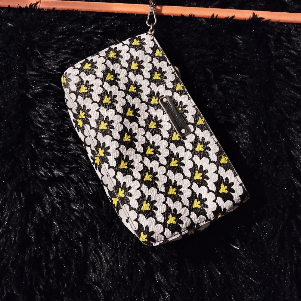 Vera Bradley Fanfare Black Yellow White Faux Leather Wristlet